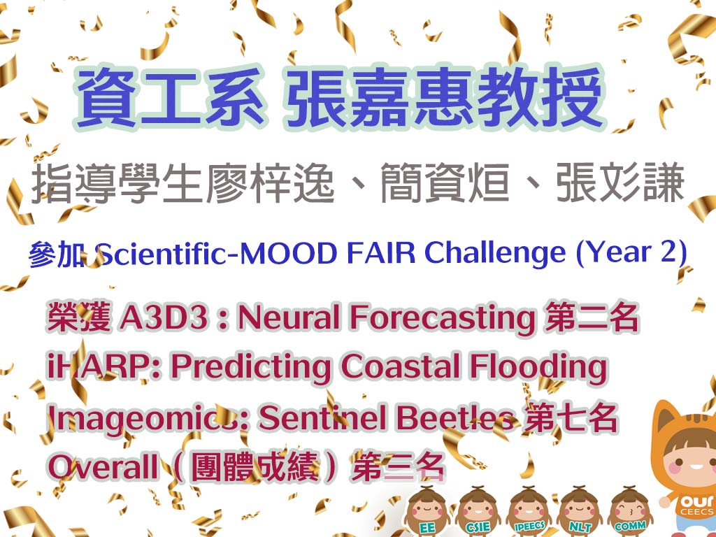 恭賀!!資工系張嘉惠教授指導碩士生廖梓逸、簡資烜、張彣謙參加  Scientific-MOOD FAIR Challenge (Year 2) 榮獲多項獎項新聞封面圖片